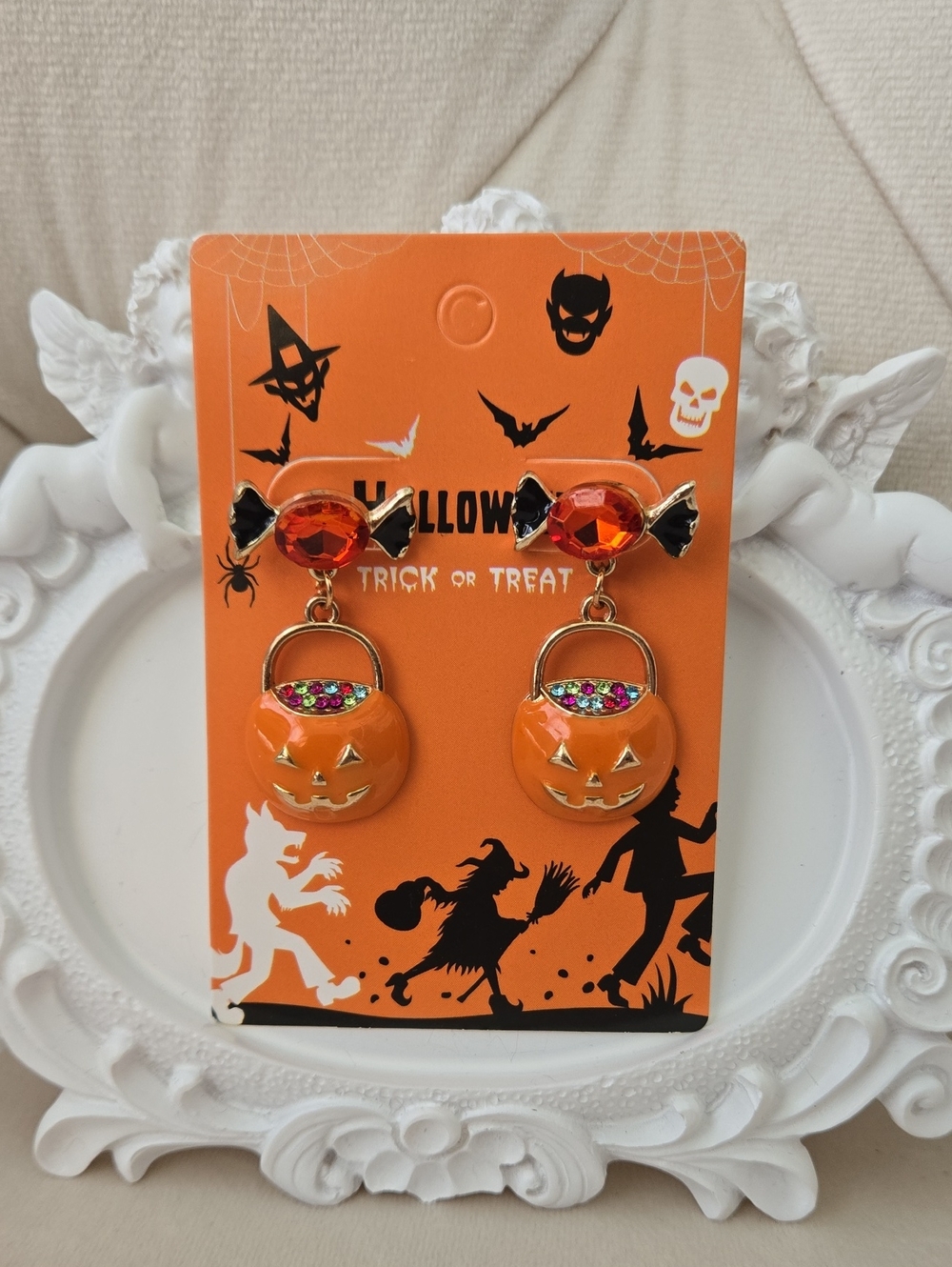 Party City Orange Pumpkin Colorful Candy Bucket Earrings, NWT